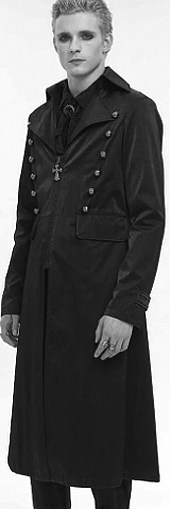Devil Fashion zip up black satin sheen synthetic leather/poly men's Coroner coat with decorative rows of buttons, button strap sleeve 