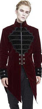 Devil Fashion red poly velvet gothic swallow tail coat with cross zip, pockets, crackle faux leather