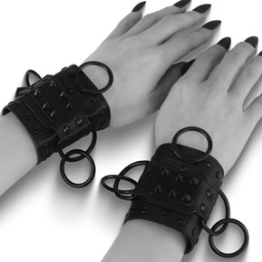 Demonia /Pleaser black stretch faux leather ringed studded wrist cuffs