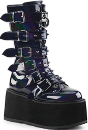  Pleaser/Demonia black patent holo buckle 3 1/2 inch platform women's mid calf Damned boot with side zip