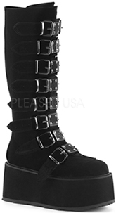 Pleaser/Demonia black velvet spiked 8 buckle strap 3 1/2 inch platform women's knee high Damned boot with back zip