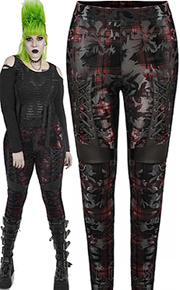 Punk Rave Blutengel red poly spandex rayon textured plaid floral pattern lace up ladies' leggings with faux leather detail 