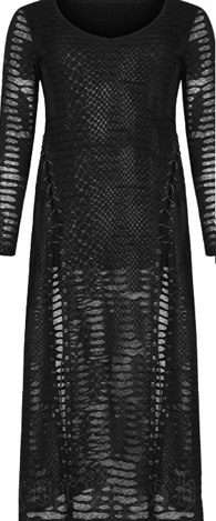 Punk Rave black poly cotton spandex post apocalyptic knitted snakeskin print dress with lace up slits, wide neck, underlayer