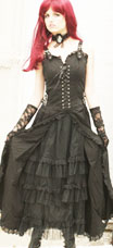  Queen of Darkness long twill black dress with ruffle underskirt, buckle shoulder straps, laced front, lace trim at hem