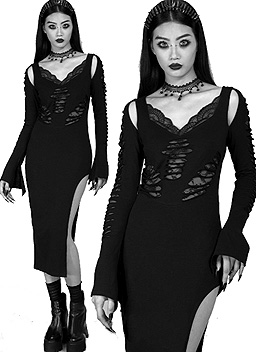 Red Night Gothic fitted black cotton spandex, nylon midi Ghostess dress with side slit, flayer sleeves, cut out shoulders, mesh underlayer
