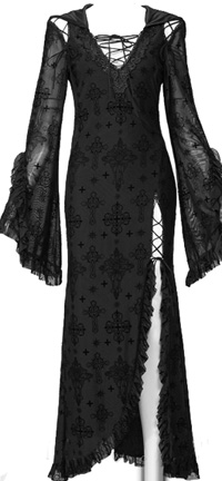 Red Night Gothic Slay Your Prayers flocked cross black mesh fit and flare long slit hooded dress with deep v neck, cut out shoulder, laced up dress