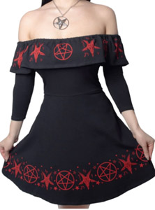 Kreepsville Ruffle Circle off shoulder 3/4 sleeve stretch cotton spandex dress with red pentagrams
