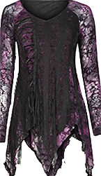 Punk Rave purple tye dye poly spandex velvet flocked long sleeve ladies' top with irregular hem, lace up details