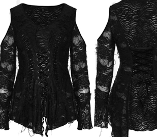 Punk Rave black distressed poly cotton spandex v neck Princess cold shoulder long flared sleeve ladies' top with lace up detaiil