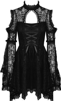 Dark in Love bell sleeve black floral lace Spells and Laces fit and flair short dress with satin ribbon lacing, high neck, side zip, keyhole back, satin lining