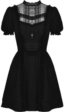 Dark in Love Oh So Modest Dolly woven poly a-line dress with puffy sleeves, back zip, small cross pendant, ruffles, high neck