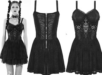 Dark in Love Black sheer spiderweb lace shoulder strap mini dress with front eyelets/buckle