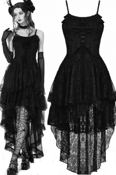 Dark in Love Laced Lyrics high low layered black poly textured knit/lace fir and flare dress with adjustable shoulder straps
