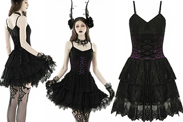 Dark in Love gothic sexy black lace and purple ruffled mini dress