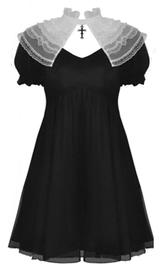 Dark in Love Doom doll babydoll short black poly dress short puffy sleeves, white frilly neckline with cross detail, soft mesh tulle layers, zip closure