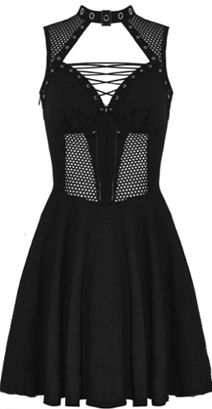 Dark in Love Divergent nu goth skater poly spandex sleeveless woven patterned dress with mesh accents, cut out neck with lace up