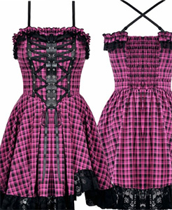 Dark in Love Rebel pink plaid ruffled short shoulder strap dress with lace, elastic back