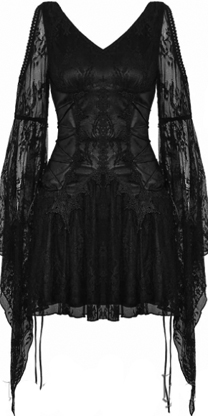 Dark in Love Elfen Song black nylon lace v neck fit and flare dress with faux leather bodice, flared sleeves, back zip