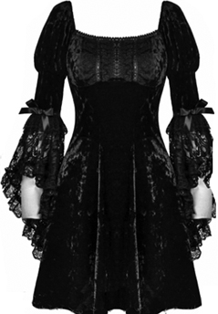 Devil Fashion Gothic Crush short fit and flare black poly velvet/lace dress with square neck, juliet flare sleeves,lace up back