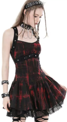 Dark in Love Blood Bound red black cotton spandex tye dye gathered skirt short dress with square neck, zipper, criss cross shoulder straps, studs, laced back