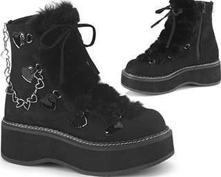 Pleaser/Demonia black pu with fur ankle high 2 inch lace up platform Emily boot with heart chain