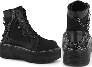 Pleaser/Demonia black pu/canvas 2 inch platform women's Emily lace up ankle boot, inside zip, clip on chain