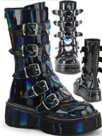 Pleaser/Demonia black hologram patent lace up 2 inch platform women's Emily 5 buckle strap boot with back zip