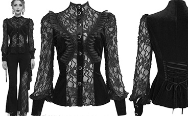 Eva Lady Nymph black lace velvet bishop sleeve ladies' shirt.