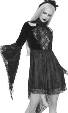 Eva Lady black velvet/lace short dress with lantern sleeves, high low hemline, keyhole back, lace panel front, high neck, cold shoulder