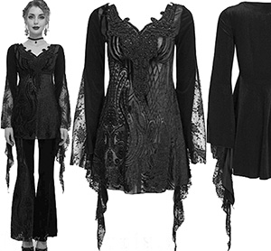 Eva Lady Bohemian Lady black poly spandex mesh/ velvet romantic gothic shirt.