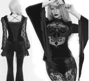 Eva Lady ornate black velvet lace gothic bell sleeve back laced blouse