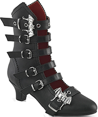  Pleaser/Demonia black pu 2 inch heel midcalf Flora boot with bat buckles, scalloped edges, back zip, open front