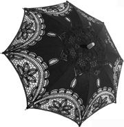 Black small 14inch embroidered cotton battenburg lace parasol with straight wooden handle