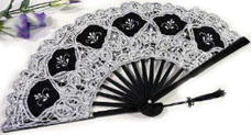 Black and silver Battenberg lace fan 10.5 inches