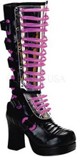 Pleaser/Demonia black pu velcro strap side zip womens 3 3/4 inch platform industrial Gothika boot with pink glow in the dark uv tubing