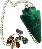 Conical bob pendulum carved from synthetic malachite with chakra stones on chain