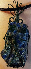Azure Green untumbled lapis lazuli copper wire wrap necklace on black cord