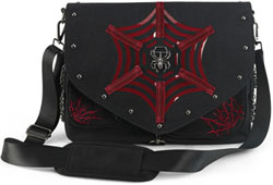 Pleaser Demonia canvas messenger bag with red spiderweb zipper details