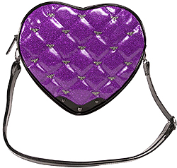 Rock Rebel purple glitter quilted vinyl studded with bats heart shaped shoulder bag