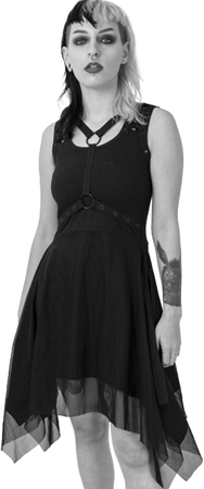 Poizen INdustries sleeveless black Hell is Empty dress with asymetric hem, o-ring harness, mesh skirt