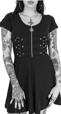 Heartless black cotton elastane short sleeve Into the Darkness zip front dress with straps