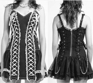 Tripp NYC black cotton spandex lolita shoulder strap dress with chain, eyelets