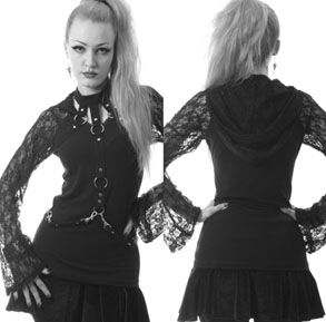 Poizen Industries black cotton elastane and lace long sleeve top with straps attaching to collar