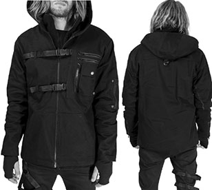Vixxsin cotton pvc poly men's black hooded Israfel jacket with zip, buckle straps, and pockets 