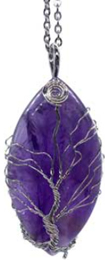 Oval Tree of life amethyst gemstone 2 inch pendant necklace on cord