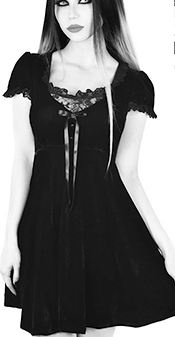 Killstar black velvet short sleeve, lace trimmed Heather babydoll dress