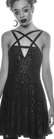 KillStar black super stretch rayon elastane jersey Covenant skater dress with pentagram straps, skater skirt, halter neck, occult print