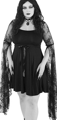 Killstar black nylon cotton super stretch woven fabric Dead Inside lace dress with lace hood and long bell sleeves, keyhole detail