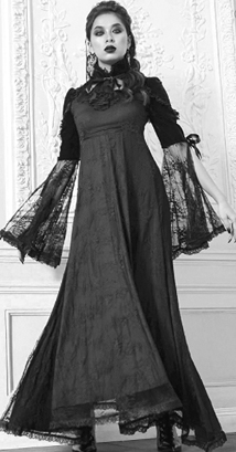 Killstar Countess maxi black poly elastane lace dress with neck ruffle, lace overlay, bell sleeves.