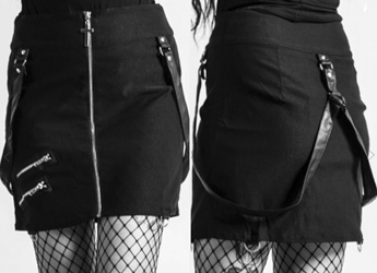 Killstar black viscose nylon elastane Katy Coffin mini skirt with d-rings, front zip